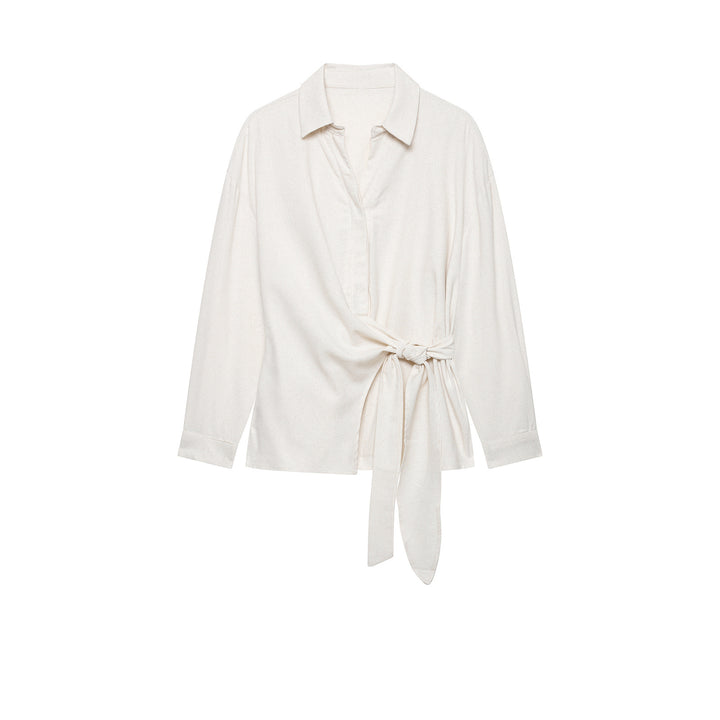 Damen Zweiteiliges Ensemble aus Wickelbluse mit Taillenschleife und weit geschnittener Leinenhose mit Zierstreifen Drune