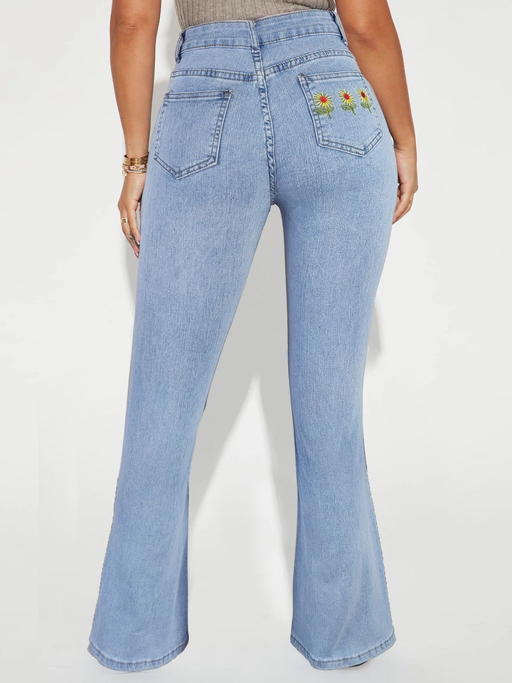 Damen hochgeschnittene schmal zulaufende ausgestellte Jeans mit taillenformendem Bund Drune