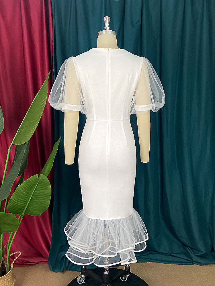 Damen Elegantes Maxikleid mit voluminösen Tüllärmeln und Rüschensaum Drune