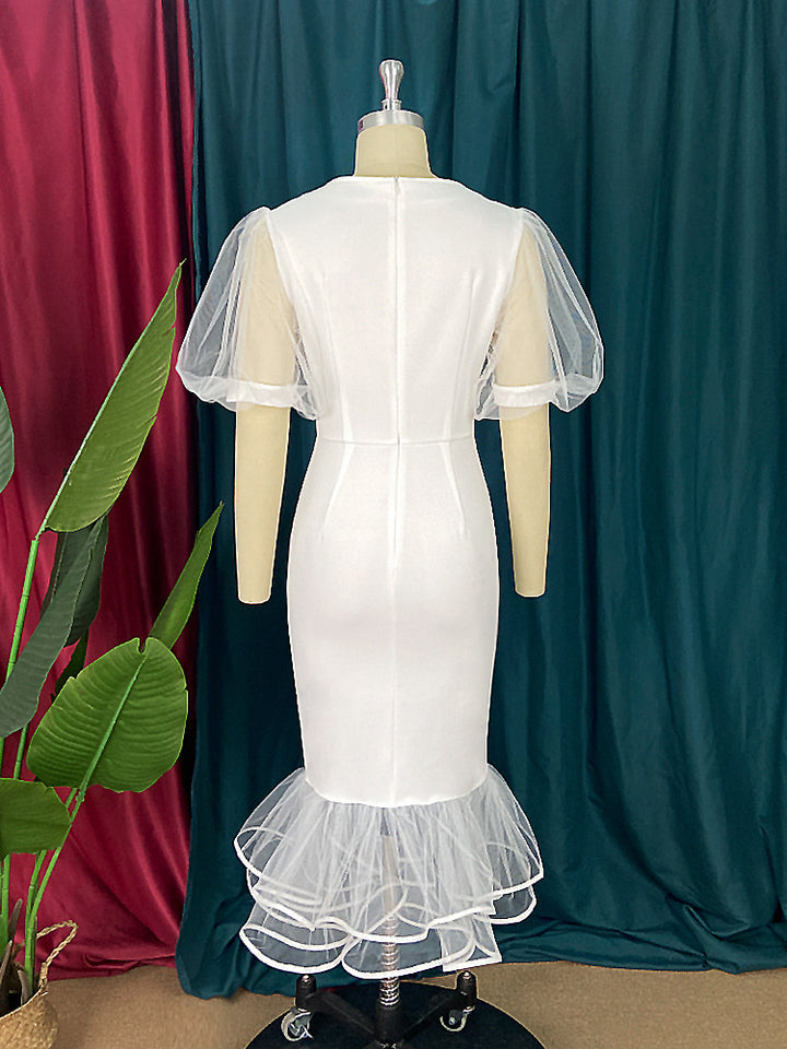 Damen Elegantes Maxikleid mit voluminösen Tüllärmeln und Rüschensaum Drune