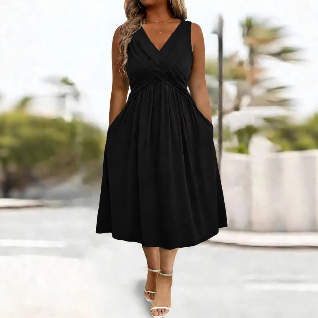 Damen Sommerkleid mit tiefem V-Ausschnitt und Seitentaschen Drune