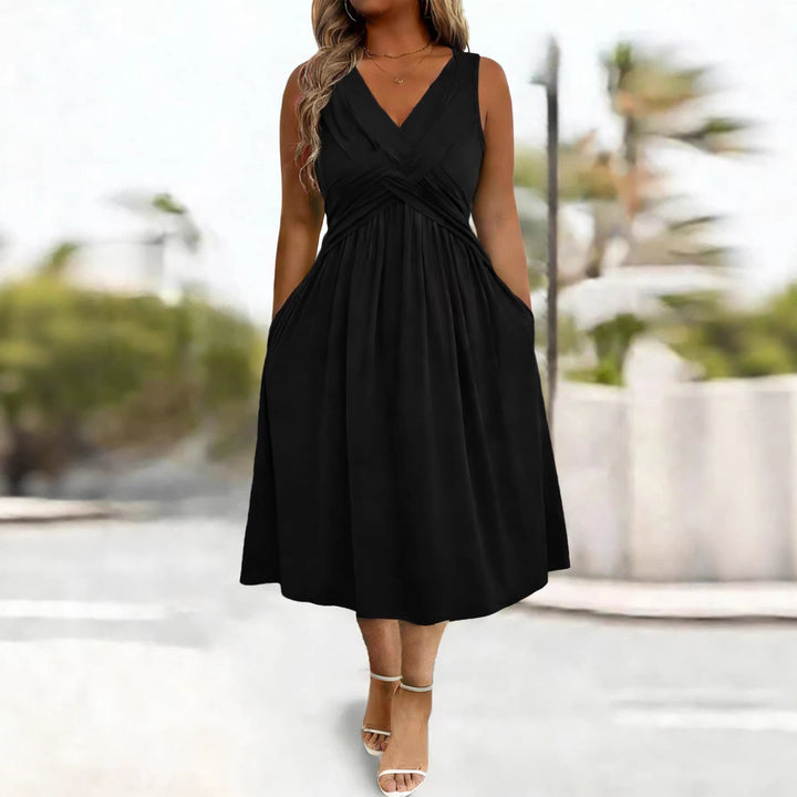 Damen Sommerkleid mit tiefem V-Ausschnitt und Seitentaschen Drune