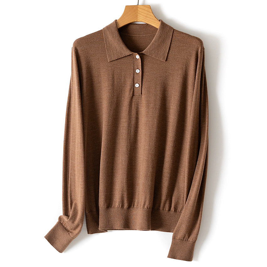 Damen Feiner Langarm-Polo-Pullover aus Feinstrick mit Knopfleiste Drune