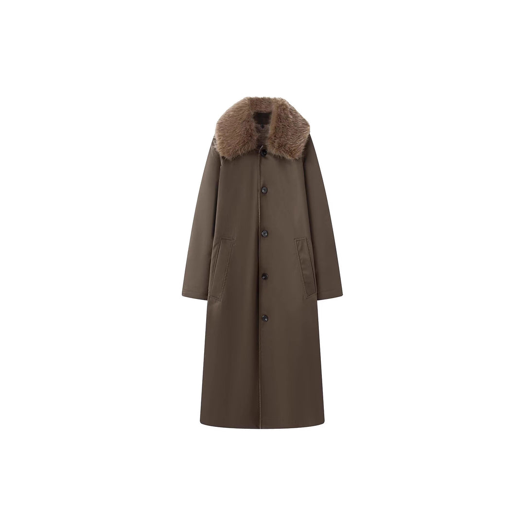 Damen langer Oversize Wollmantel mit abnehmbarem Kunstfellkragen und seitlichen Eingrifftaschen Drune