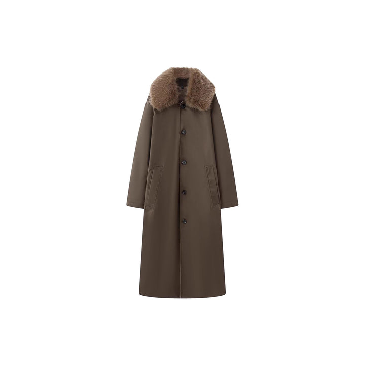 Damen langer Oversize Wollmantel mit abnehmbarem Kunstfellkragen und seitlichen Eingrifftaschen Drune