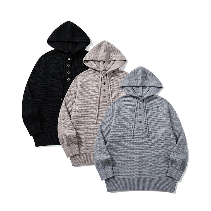 Unisex Strukturstrick-Hoodie mit halber Knopfleiste und Tunnelzugkapuze Drune