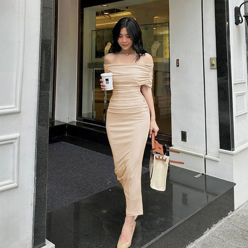 Damen Bodycon Maxikleid mit schulterfreiem Design und Raffungen Drune