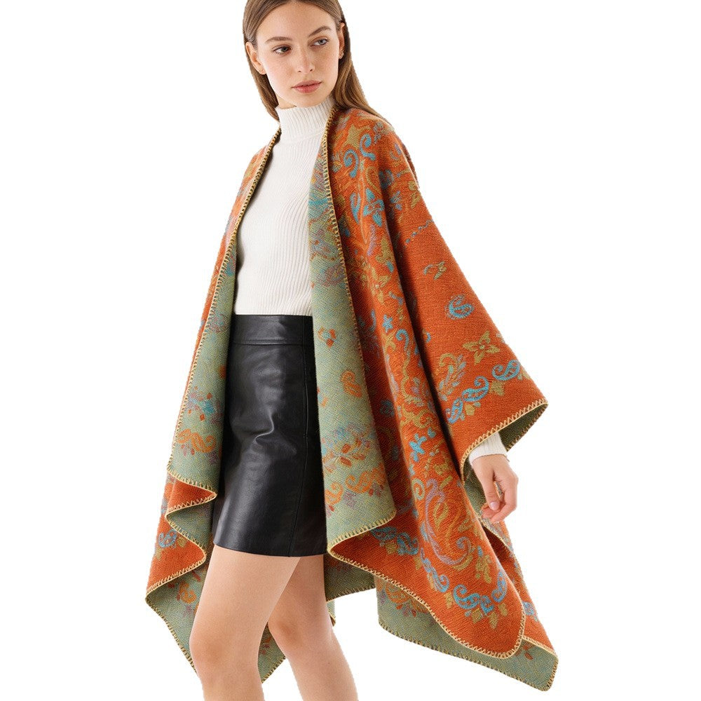 Damen Reversibler Ornamentaler Capeponcho mit feiner Jacquardstruktur Drune