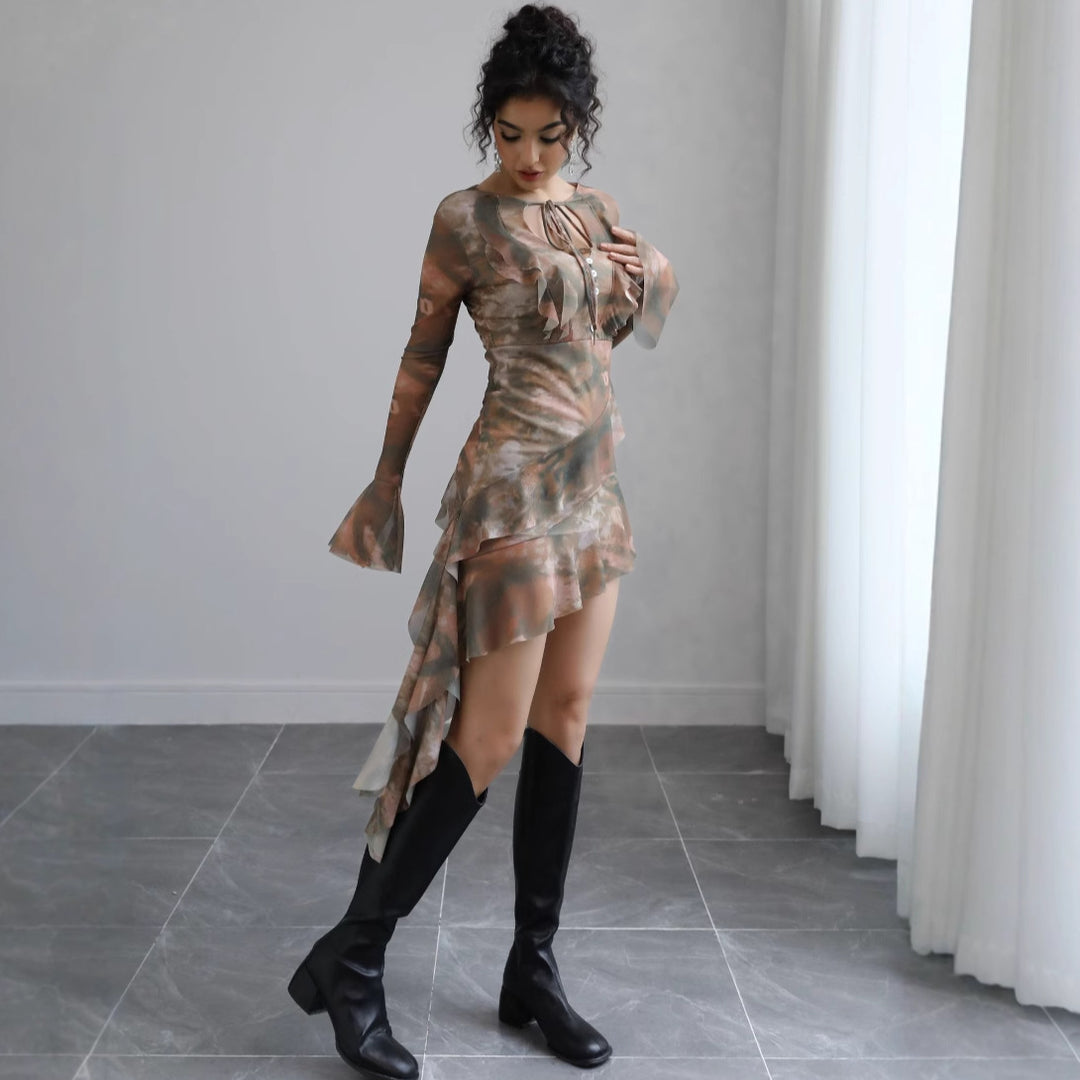 Damen Asymmetrisches Chiffon-Minikleid mit Volants, transparenten Ärmeln und Zierknopfleiste Drune