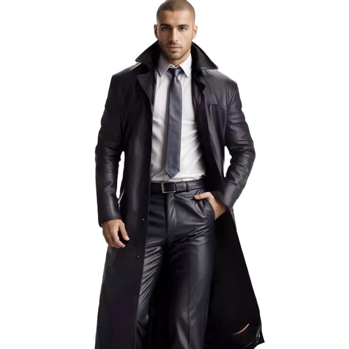 Herren Langer Ledermantel im Trench-Stil mit schmaler Silhouette und Stehkragen Drune