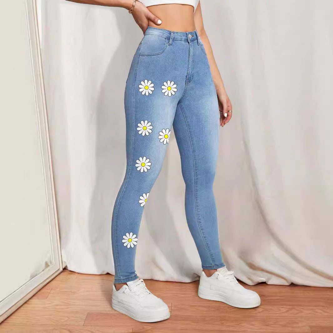 Damen High-Waist Skinny-Jeans mit aufgedruckten Margeriten und figurformendem Stretch Drune