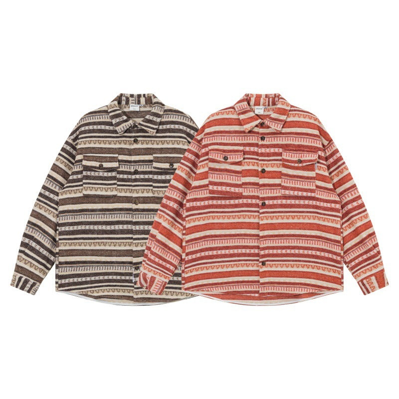 Unisex Oversize-Strickshirtjacke im Ethno‑Streifenmuster mit Pattentaschen Drune