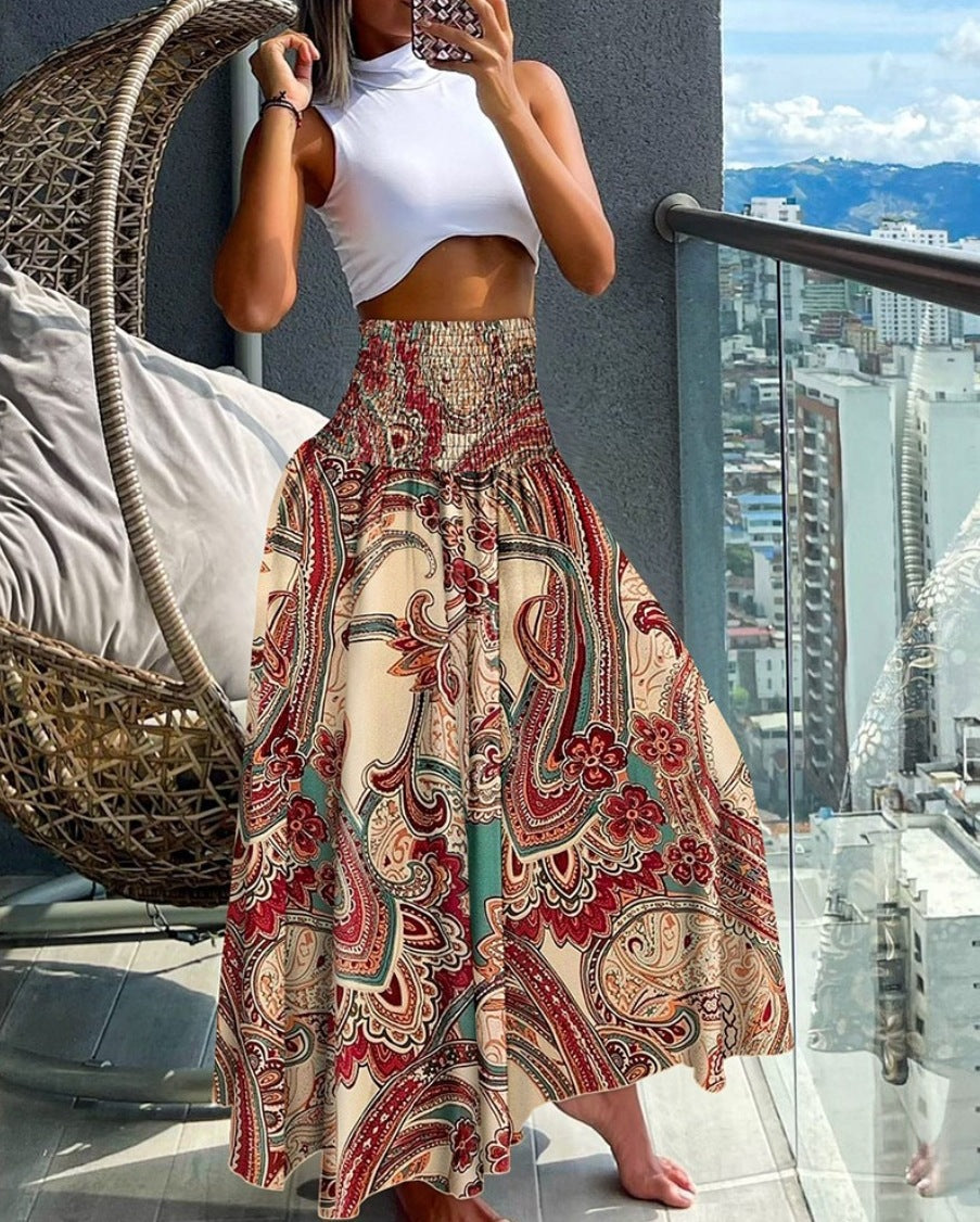 Damen Maxirock mit hohem Smokbund, weitem Fall und Paisley‑Print Drune