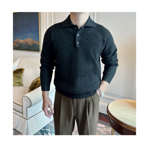 Herren Polokragen-Zopfstrick-Pullover mit halber Knopfleiste Drune