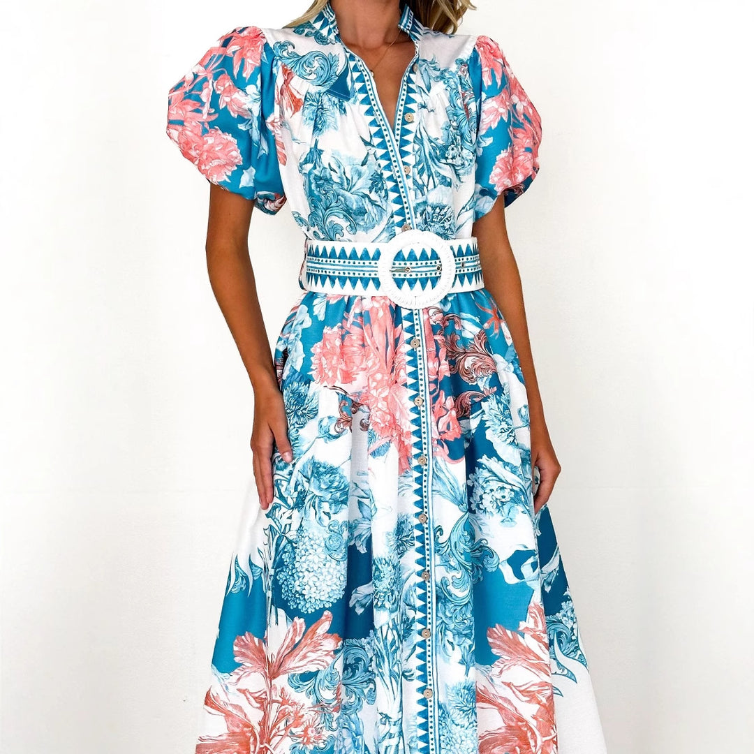 Damen Maxikleid mit voluminösen Puffärmeln und zartem Blumenmuster Drune