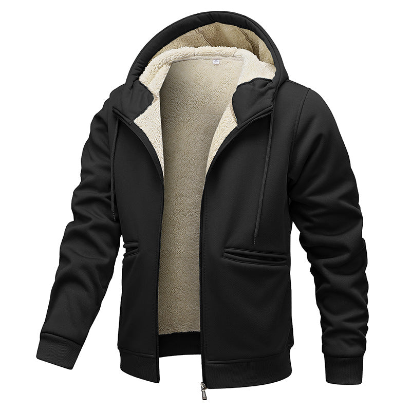 Herren gefütterte Kapuzenjacke im Blousonstil mit hochflorigem Teddyinnenfutter und Handwärmepaspeltaschen Drune