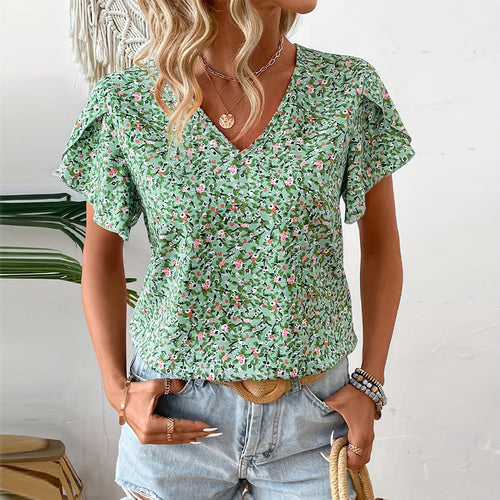Damen V-Ausschnitt Bluse mit floralem Muster und Rüschendetails Drune