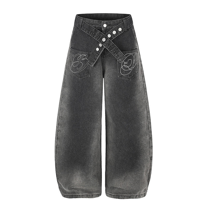 Damen Extraweite High‑Waist Palazzo-Jeans mit gekreuztem Zierbund und bestickten Taschen Drune