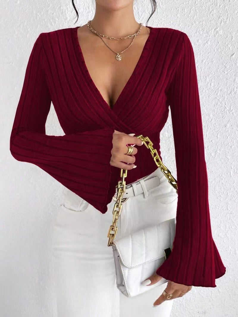 Damen Strickoberteil mit Wickeldesign und weitem Ärmel Drune