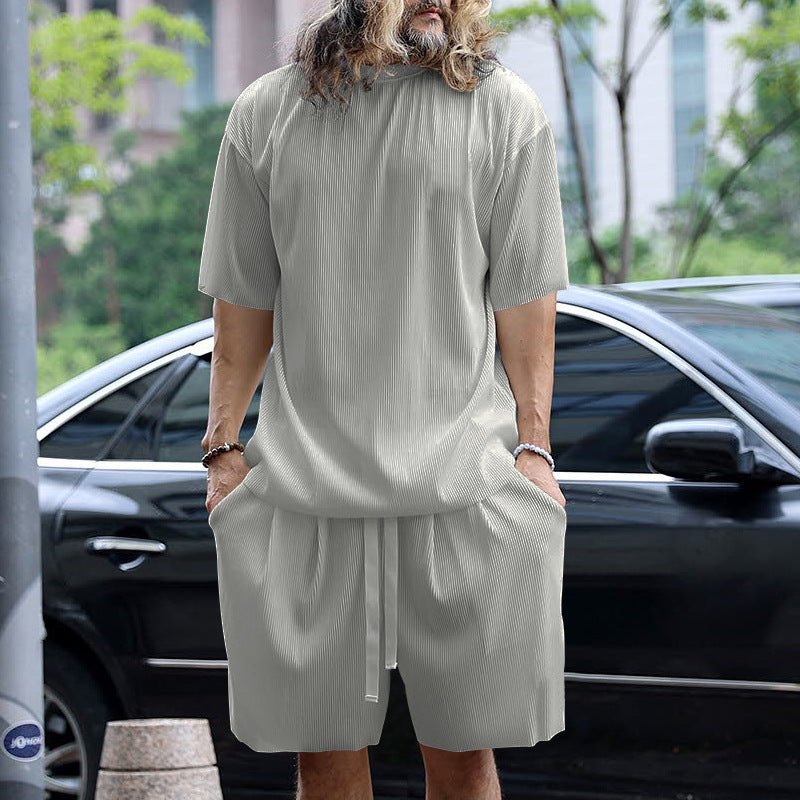Herren nan modernes geripptes Freizeitset mit weitem Kurzarmshirt und elastischer Tunnelzughose Drune