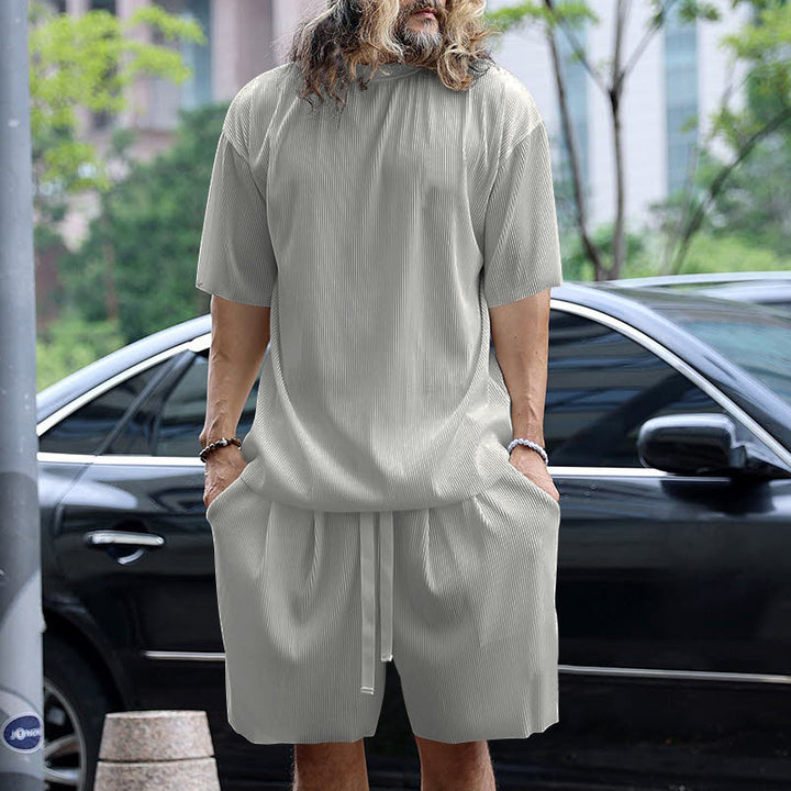 Herren nan modernes geripptes Freizeitset mit weitem Kurzarmshirt und elastischer Tunnelzughose Drune