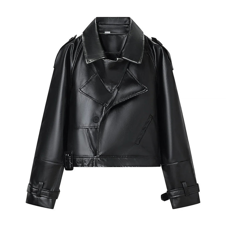 Damen nan kurzer taillierter Bikerblouson aus veganem Lederimitat mit Schalkragen, Taillengürtel und verstellbaren Manschetten Drune