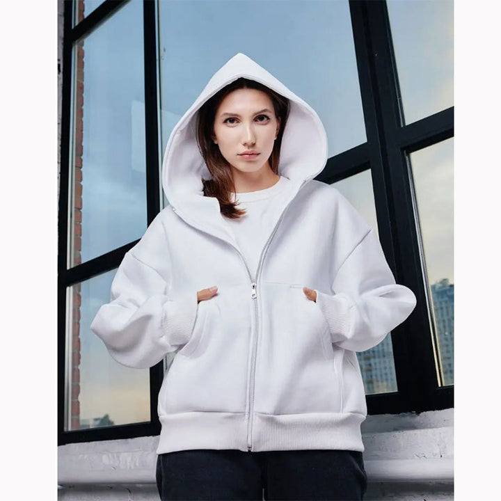 Damen nan extraweit geschnittener Zip-Hoodie mit verstärkter Kapuze, flachen Nähten und weichem Fleece-Innenfutter Drune
