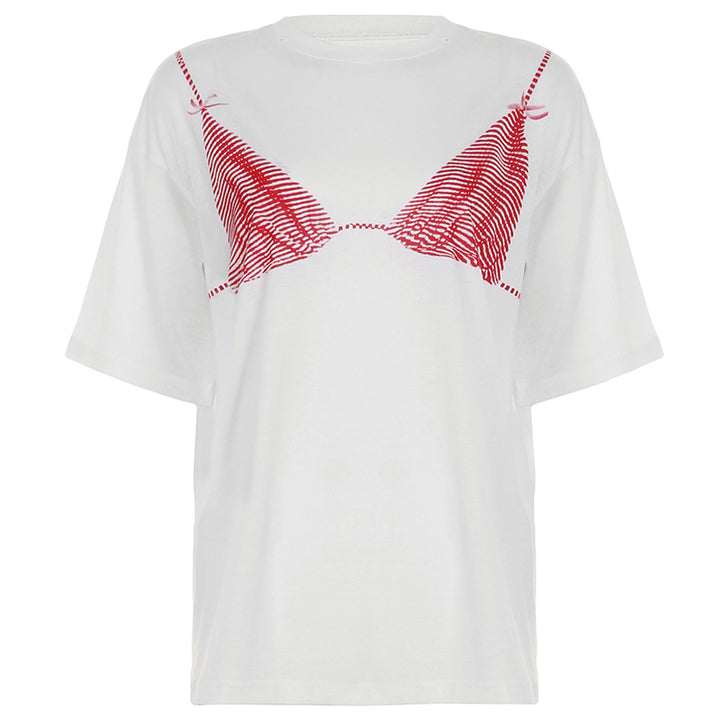 Damen lockeres T-Shirt mit grafischem Bikini-Print Drune