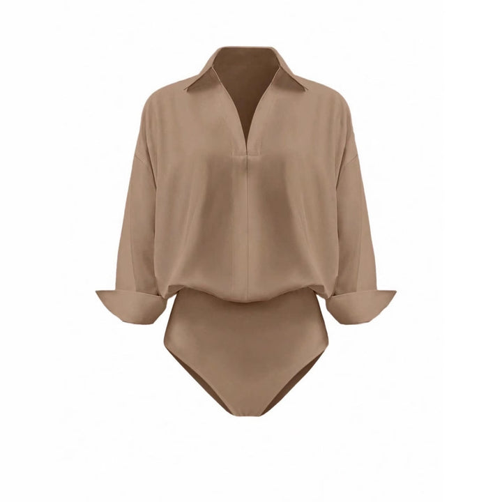 Damen Eleganter Hemdblusen-Body mit V-Ausschnitt, Oversize‑Schnitt und Umschlagmanschetten Drune