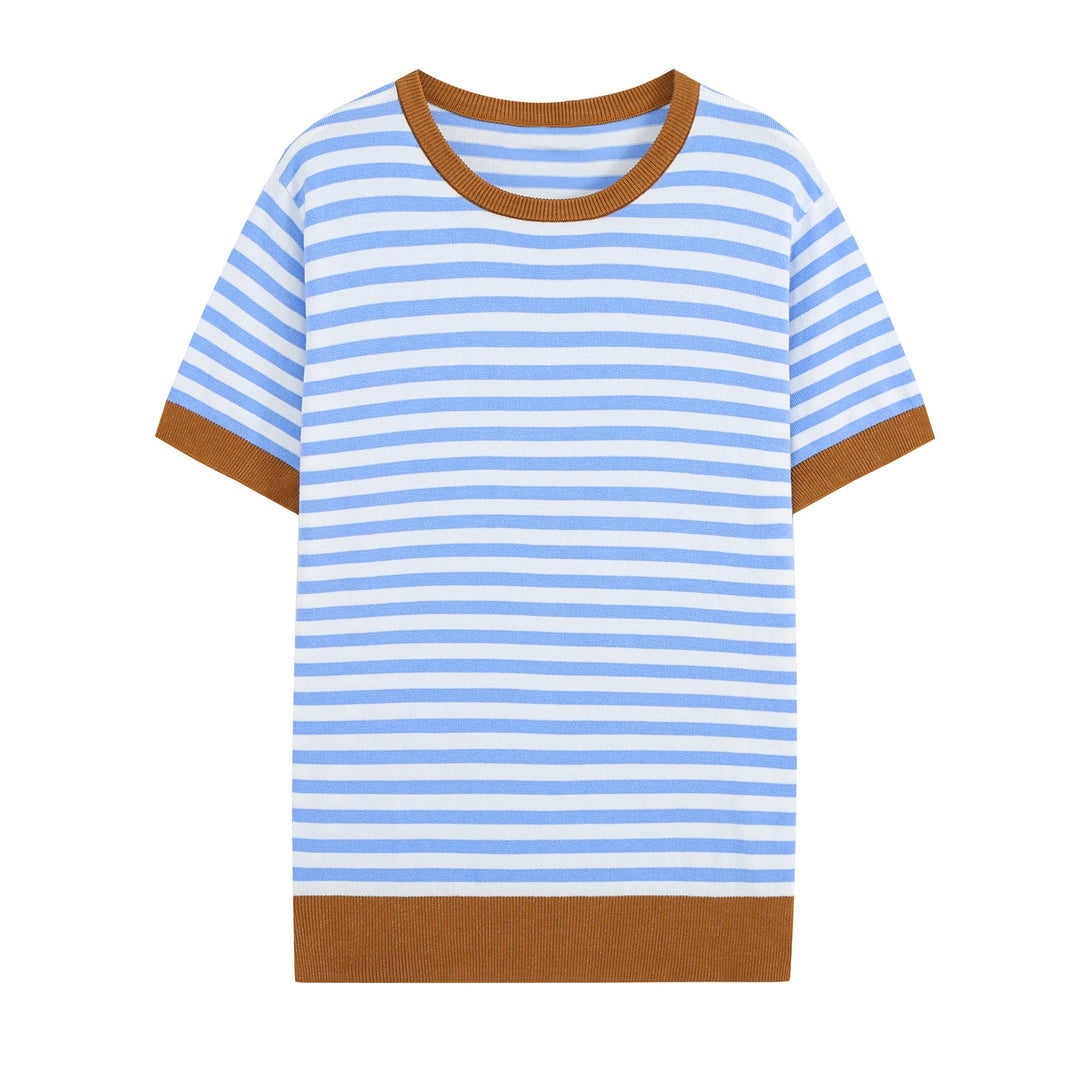 Damen Kurzärmeliges gestreiftes Ripp‑Strickshirt mit Kontrastbündchen Drune
