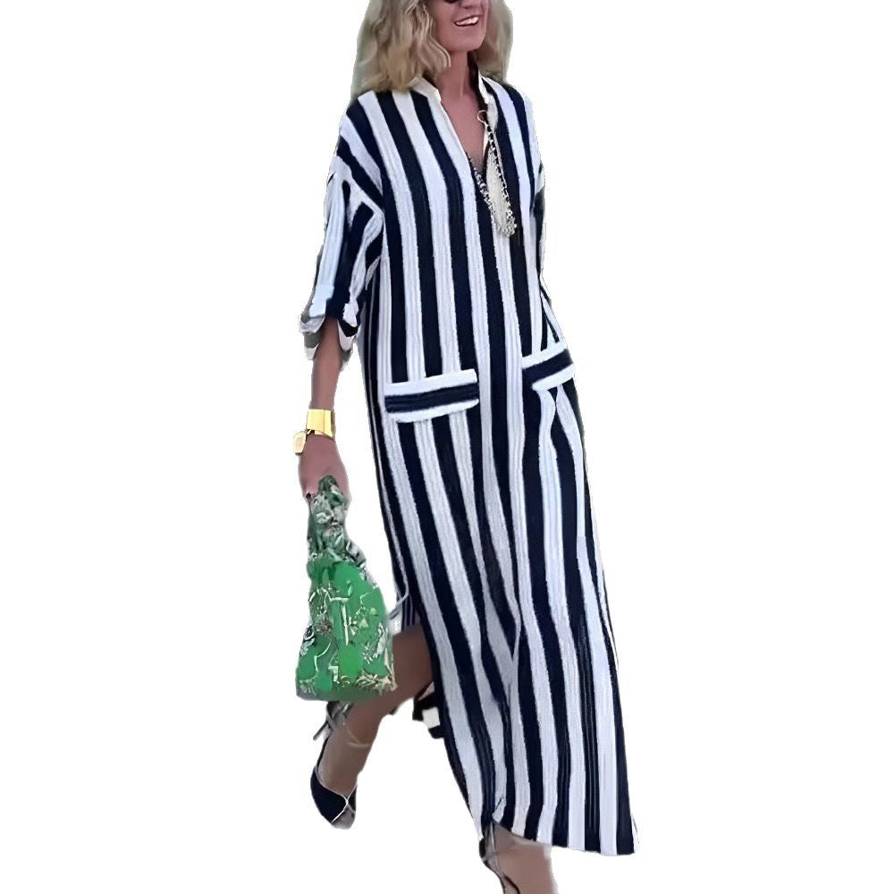 Damen nan lässiges Longshirtkleid mit vertikalem Streifenmuster, V-Ausschnitt, aufgesetzten Taschen und hohem Seitenschlitz Drune