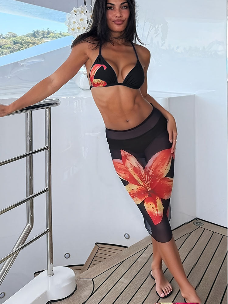 Damen Bikini-Set mit floralen Akzenten und figurbetontem Rock Drune