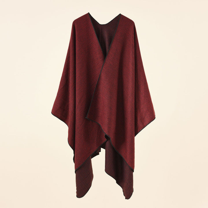 Damen Feinstrick-Poncho im Kaftan-Stil mit kontrastierter Kantenpaspel Drune