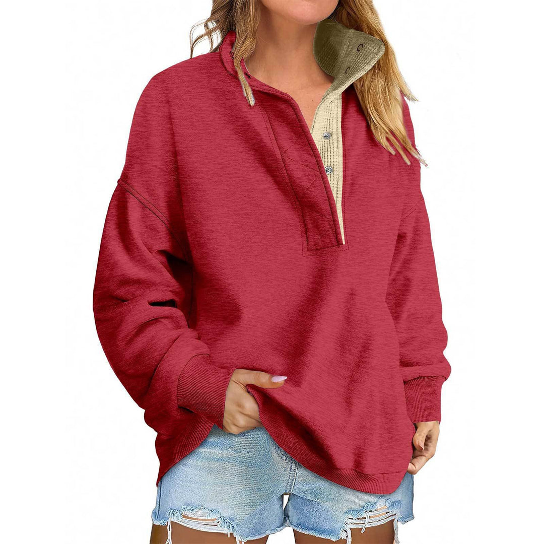 Damen Oversize-Henley-Sweatshirt mit Stehkragen und Druckknopfleiste Drune