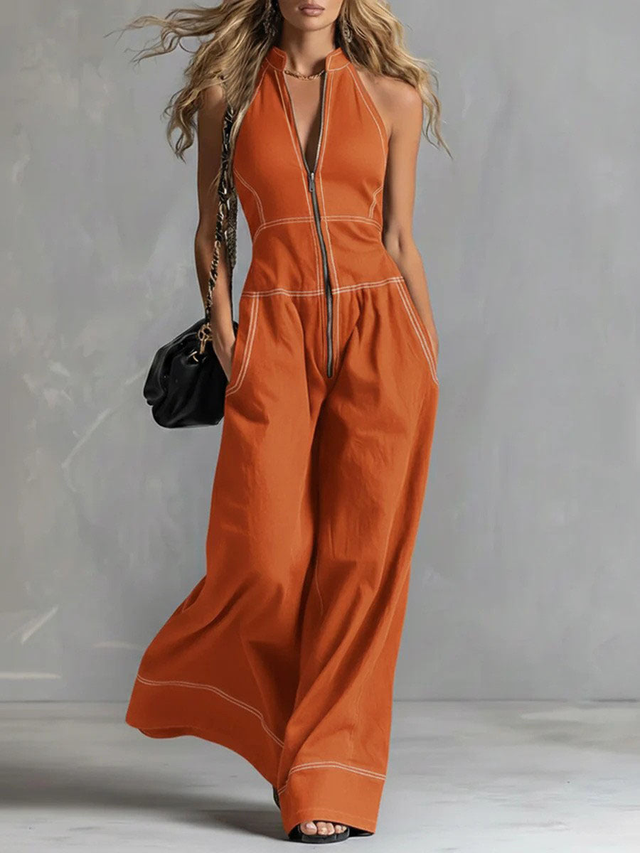 Damen Ärmelloser Halter-Jumpsuit mit Reißverschluss, weitem Bein und Eingrifftaschen Drune