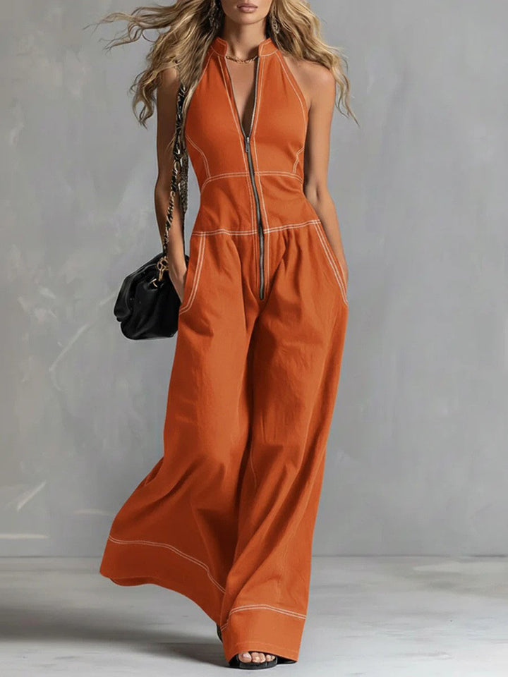 Damen Ärmelloser Halter-Jumpsuit mit Reißverschluss, weitem Bein und Eingrifftaschen Drune