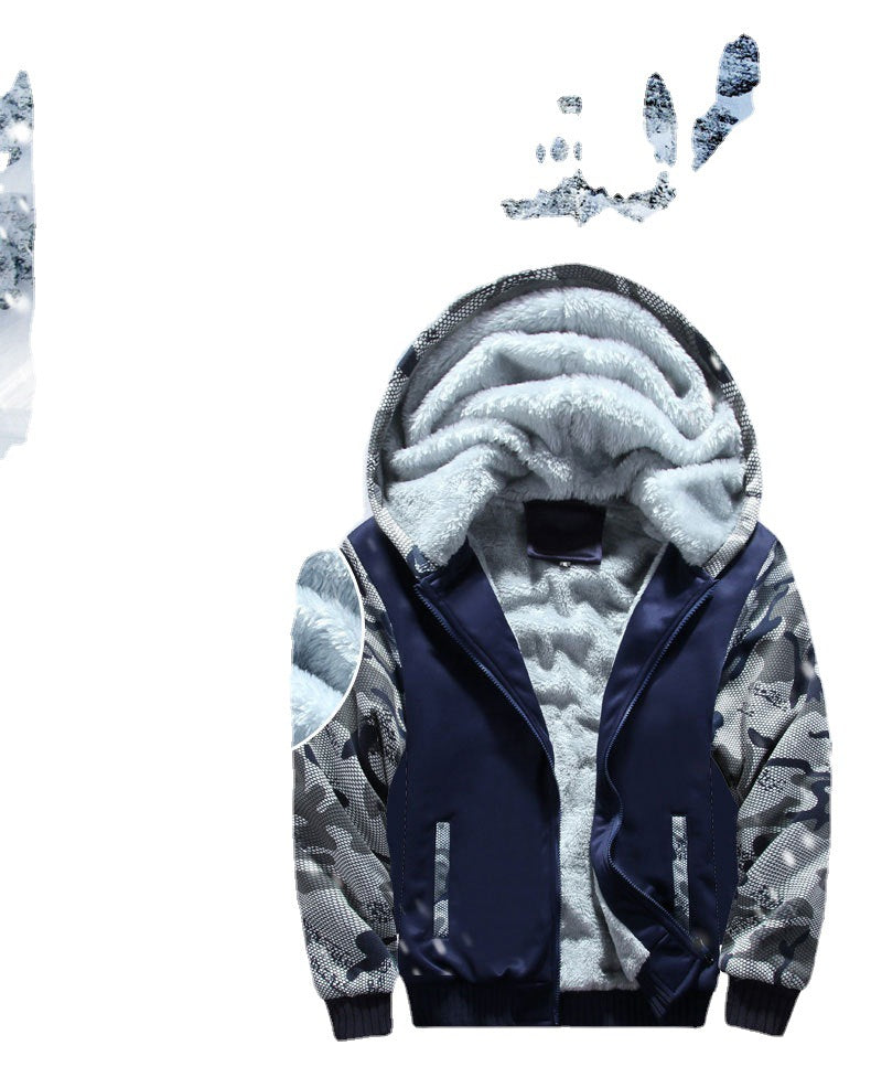 Herren Fleecegefüttertes Freizeit-Trainingsanzug-Set mit Kapuzenjacke und Camouflage-Ärmeln Drune