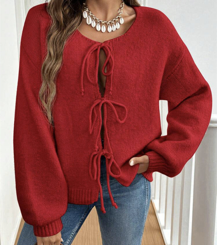 Damen Kurzcardigan mit Bindebändern, Oversize‑Silhouette und Ballonärmeln Drune