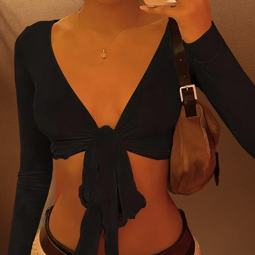 Damen Crop-Top mit tiefem V-Ausschnitt und Bindedetail Drune
