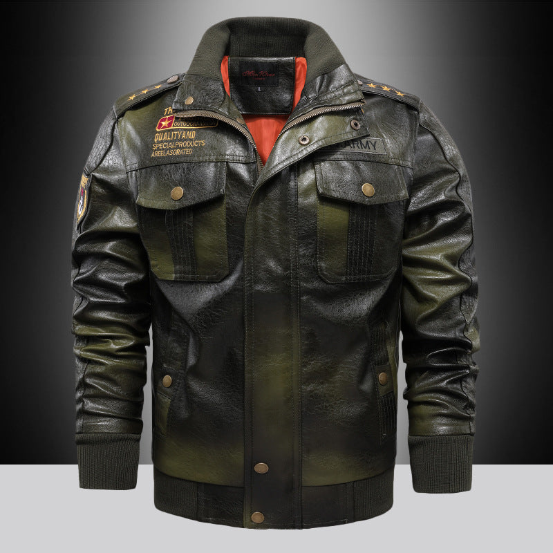 Herren Urbaner Pilot‑Lederblouson im Military‑Look mit Stehkragen und Schulterklappen Drune