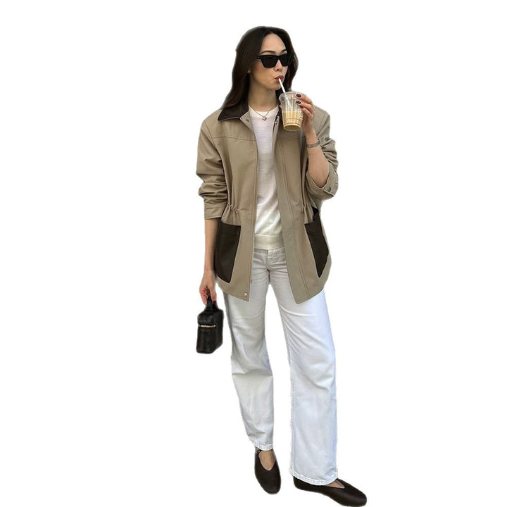 Damen Boxy-Fieldjacke mit kontrastkragen in Lederoptik und aufgesetzten Taschen Drune
