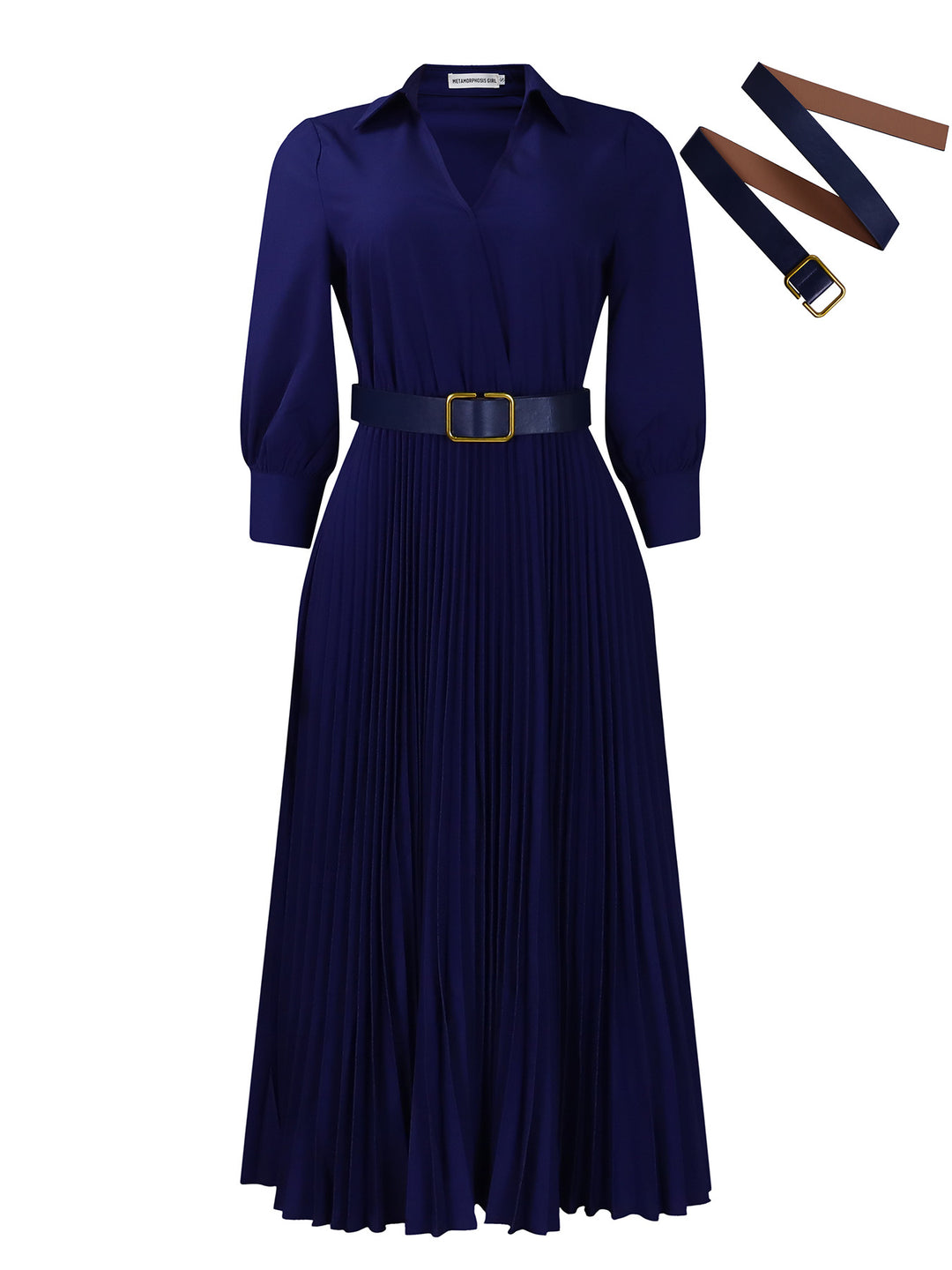 Damen Plissee Maxi-Kleid mit Taillengürtel und eleganter Knopfkragen Drune