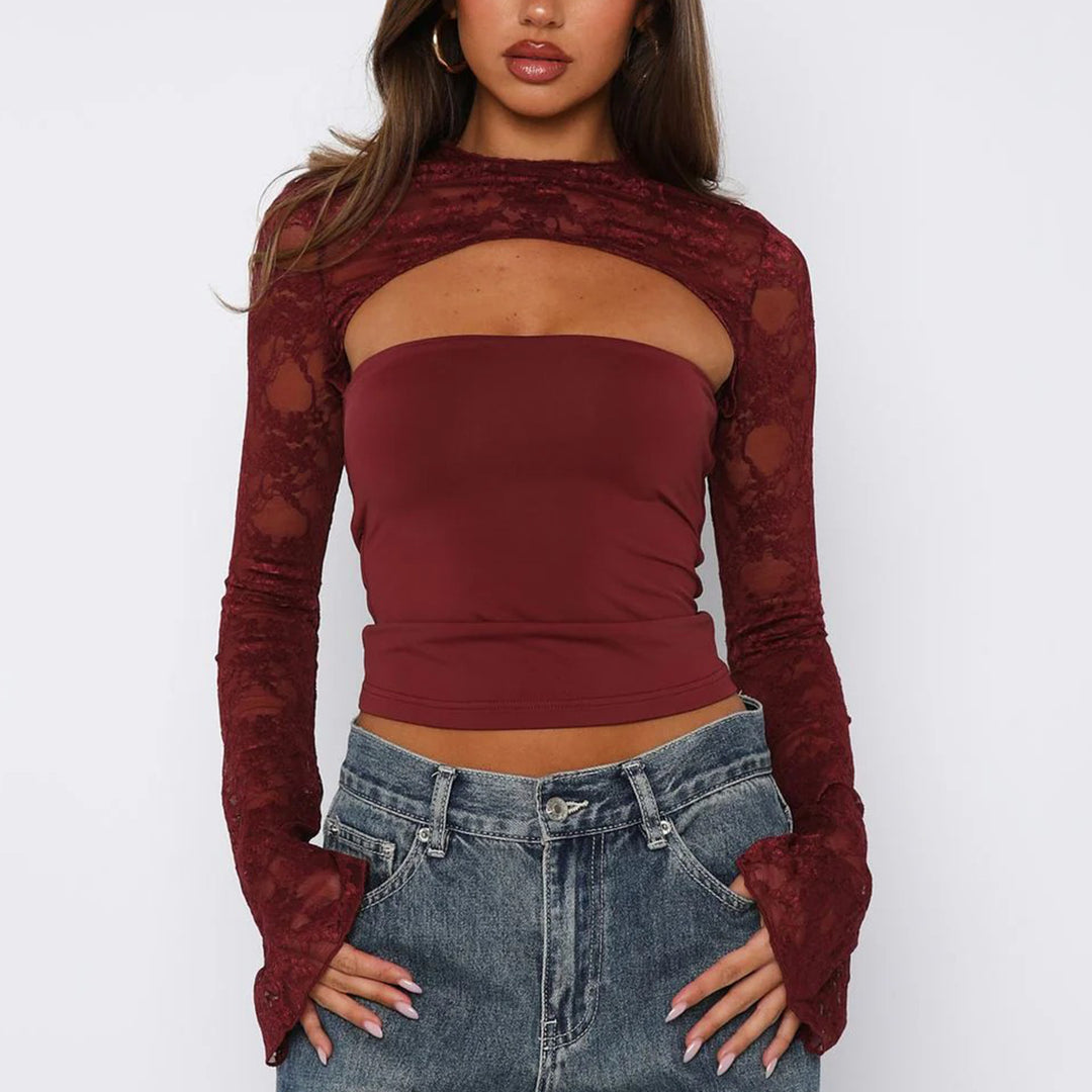 Damen Spitzenoberteil mit innovativem Cut-Out und langen Ärmeln Drune