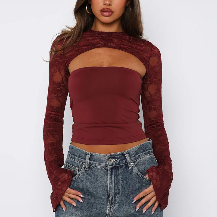 Damen Spitzenoberteil mit innovativem Cut-Out und langen Ärmeln Drune