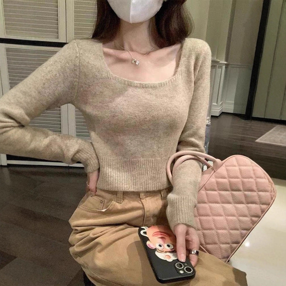 Damen Eleganter Kurzpullover mit Quadrat-Ausschnitt und feiner Strickstruktur Drune