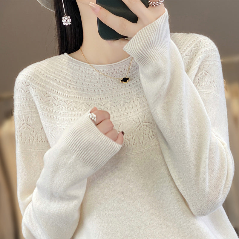 Damen Rundhals-Feinstrickpullover mit strukturierter Passe und Kaschmir-Optik Drune
