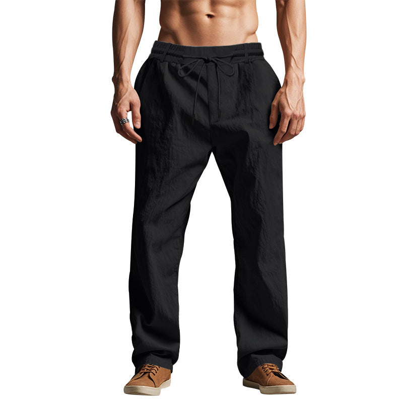 Herren nan leichte Baumwoll Leinen Freizeit-Hose mit Tunnelzug geradem Schnitt Drune