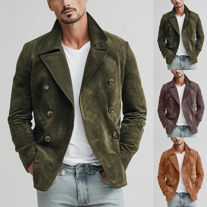 Herren Doppelreihige Velourslederjacke im Kurzmantel-Blouson mit markantem Revers Drune