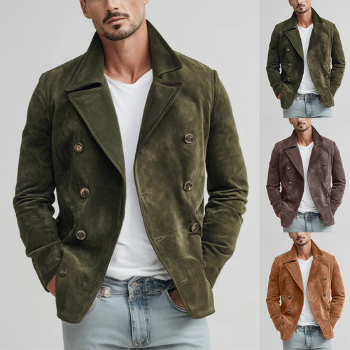 Herren Doppelreihige Velourslederjacke im Kurzmantel-Blouson mit markantem Revers Drune