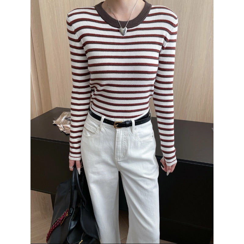 Damen gestreifter Pullover mit breitem Rundhalsausschnitt und feinem Rippstrick Drune